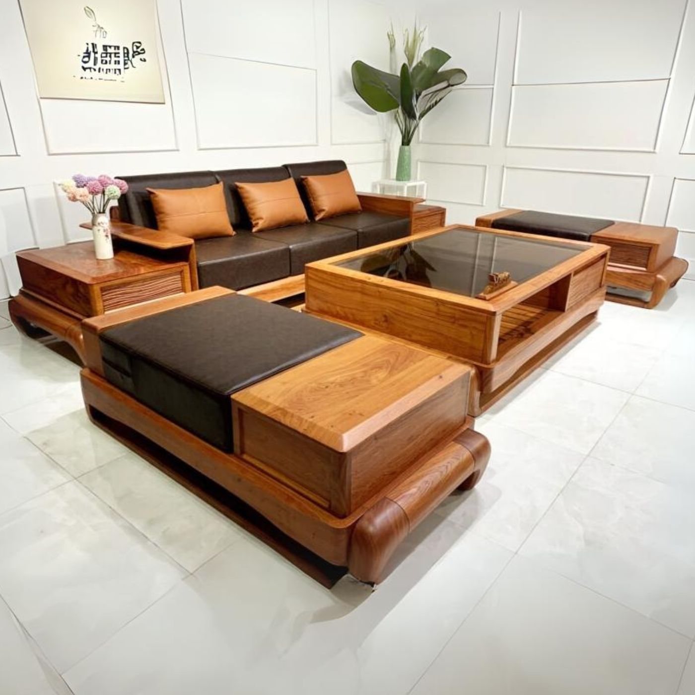 bộ ghế sofa chữ u cho phòng khách bằng gỗ