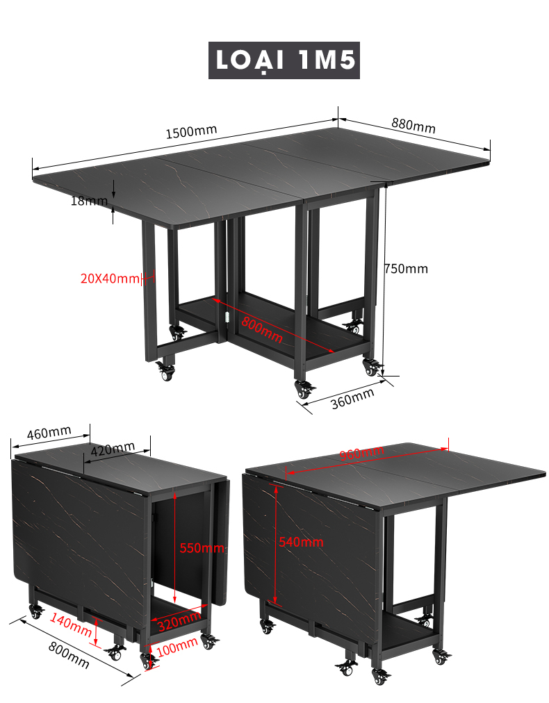 Kích Thước Bàn Ăn Xếp Gọn 1m5