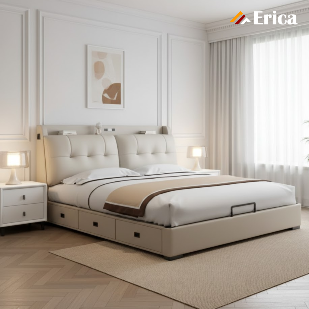 giường ngủ bọc da có tủ kéo