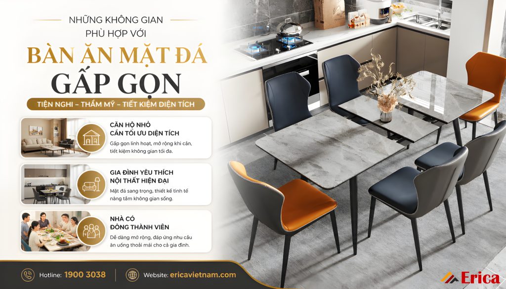 Những không gian phù hợp với bàn ăn mặt đá gấp gọn