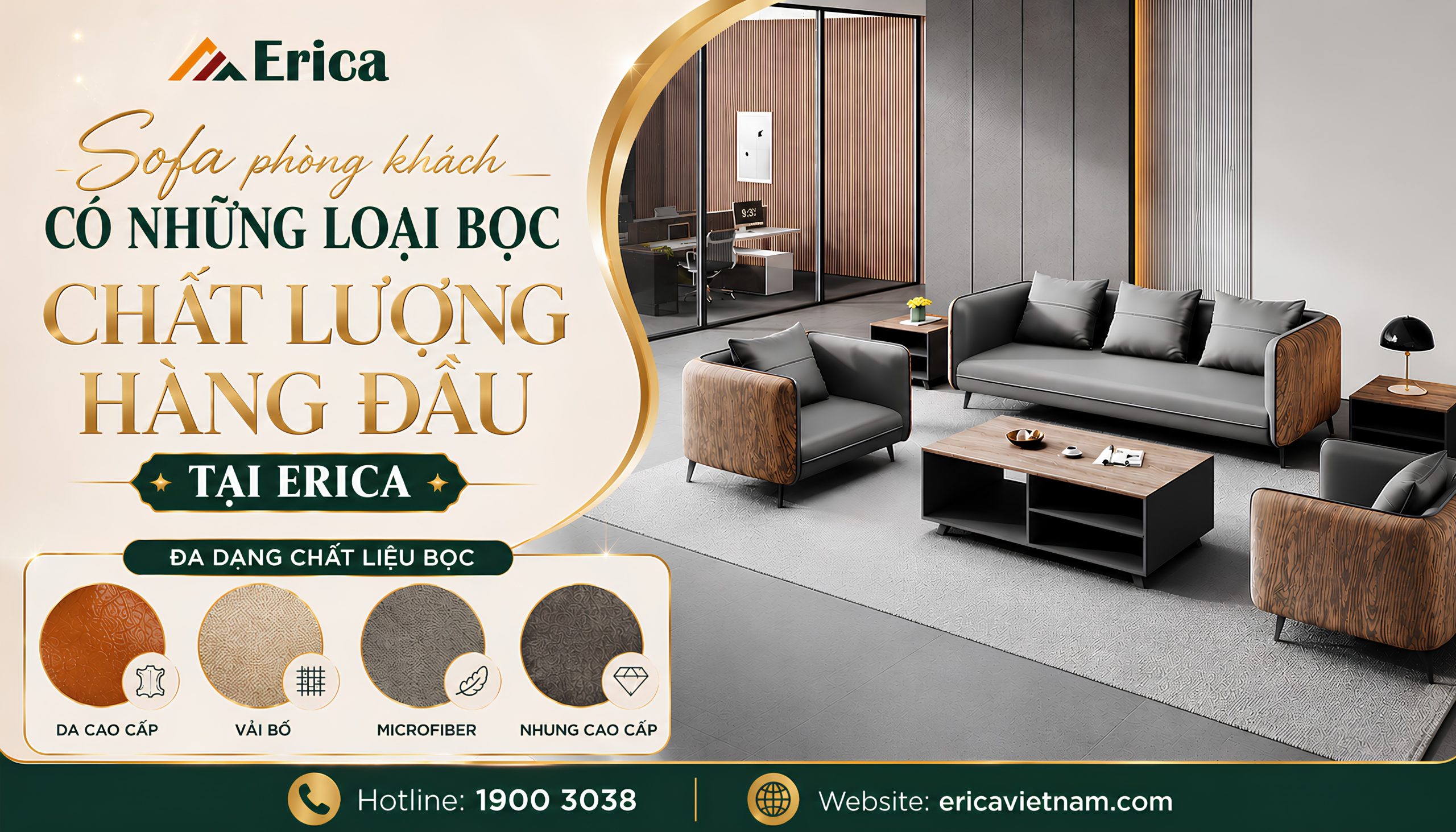 Sofa phòng khách có những loại bọc chất lượng hàng đầu tại Erica