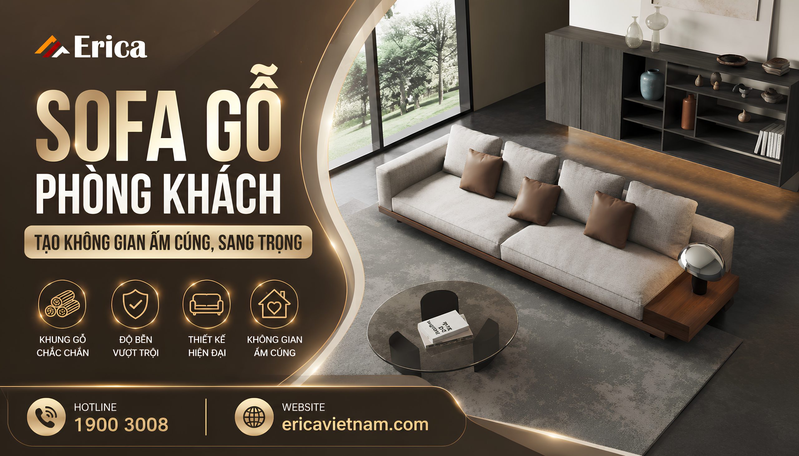 Sofa gỗ phòng khách tạo không gian ấm cúng sang trọng