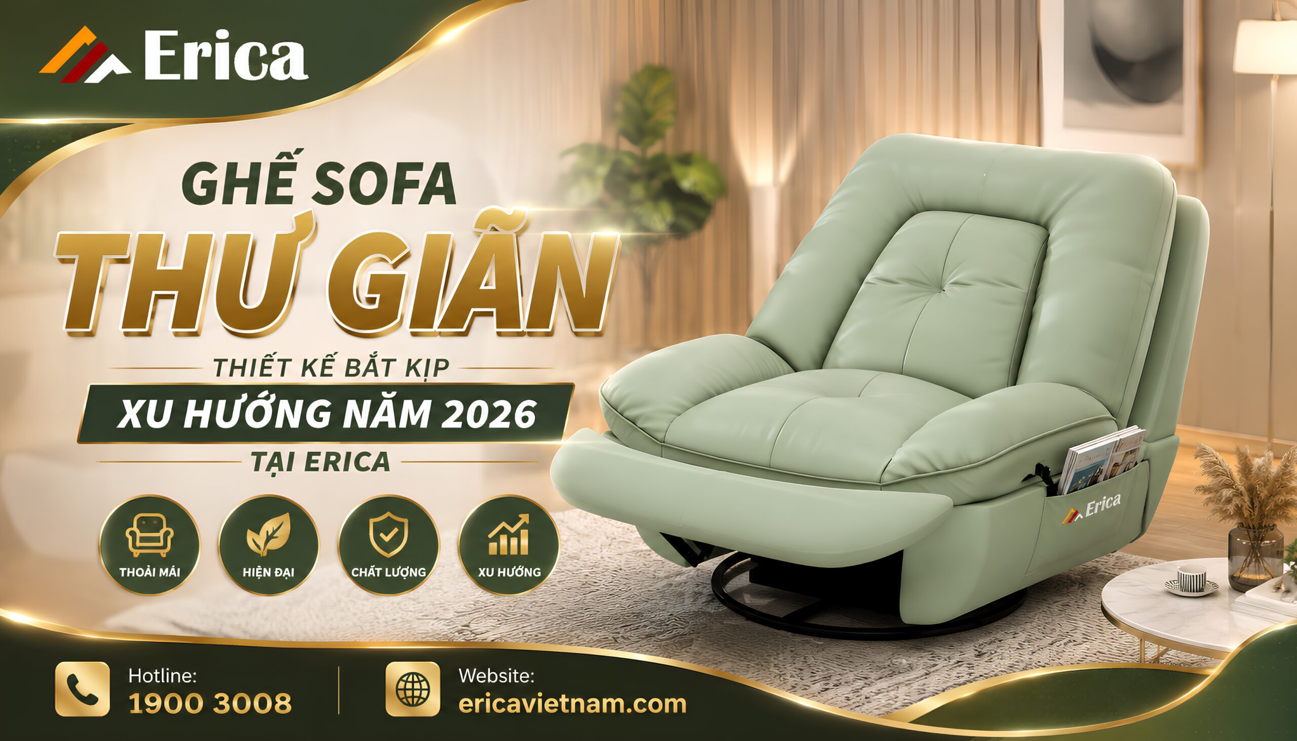 Ghế sofa thư giãn thiết kế bắt kịp xu hướng năm 2026 tại Erica