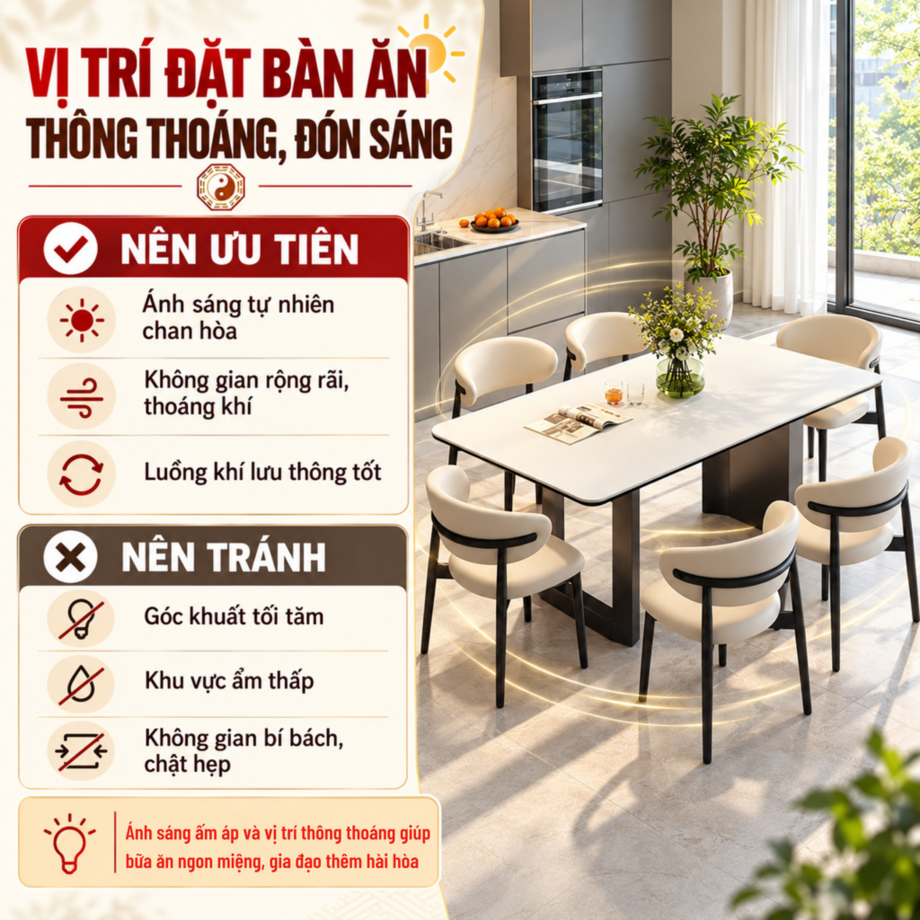Vị trí đặt bàn ăn thông thoáng, đón sáng