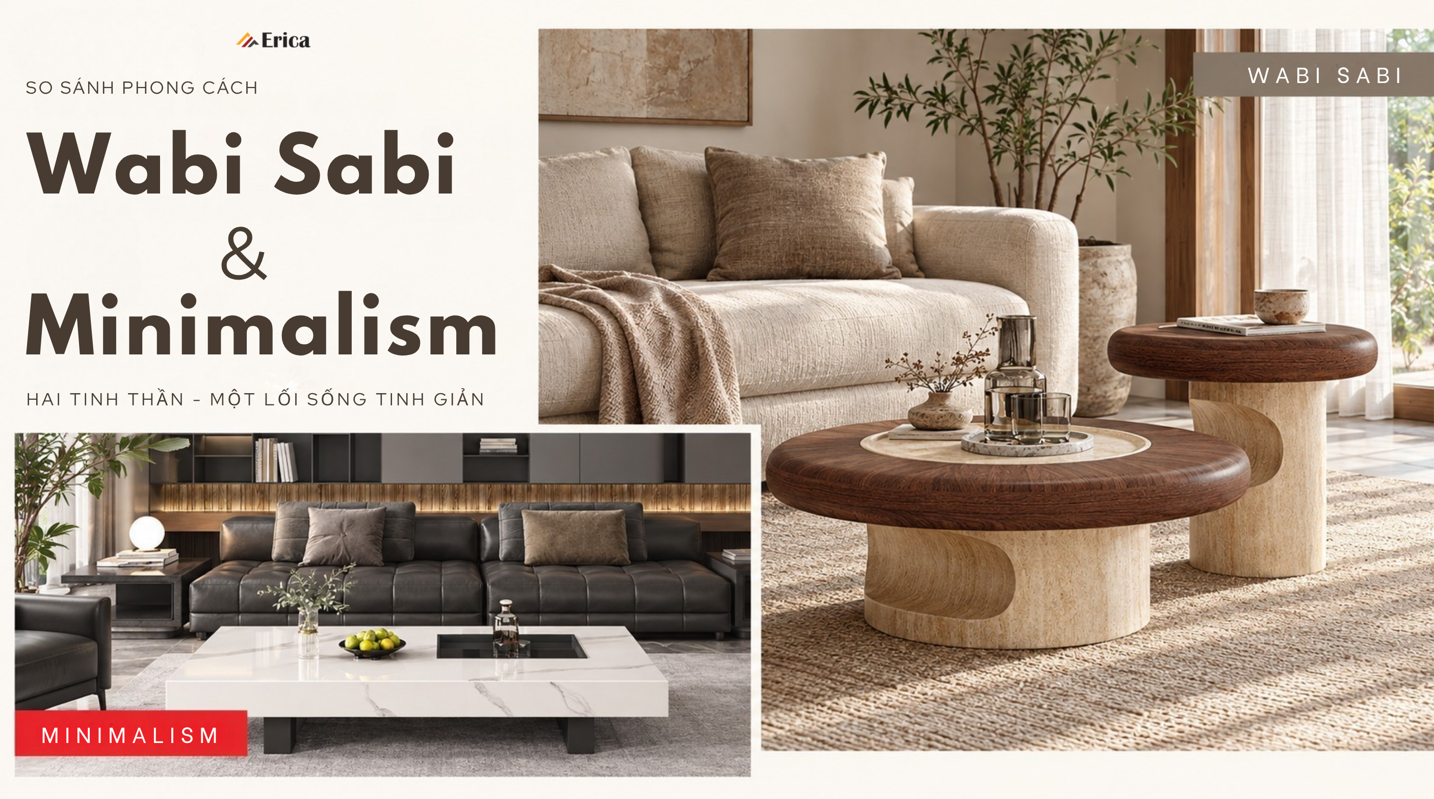 so sánh phong cách nội thất wabi sabi và minimalism